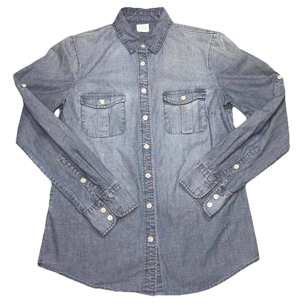 J.Crew Shirt Womens Size XS Blue Chambray Denim Button Up Roll Tab Sleeves 91506